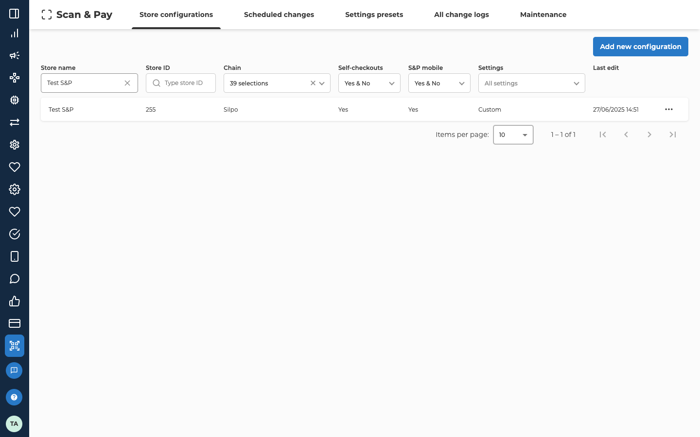 The Store configurations tab of the Scan & Pay screen, with five tabs: Store configurations, which is selected, Scheduled changes, Settings presets, All change logs and Maintenance. Add new configuration is at the top right. The column headers carry the filters: Store name, holding Test S&P; Store ID; Chain, with 39 selections; Self-checkouts and S&P mobile, both Yes & No; Settings, with All settings; and Last edit. The one row shows Test S&P, 255, Silpo, Yes, Yes, Custom, 27/06/2025 14:51 and a ⋯ button.