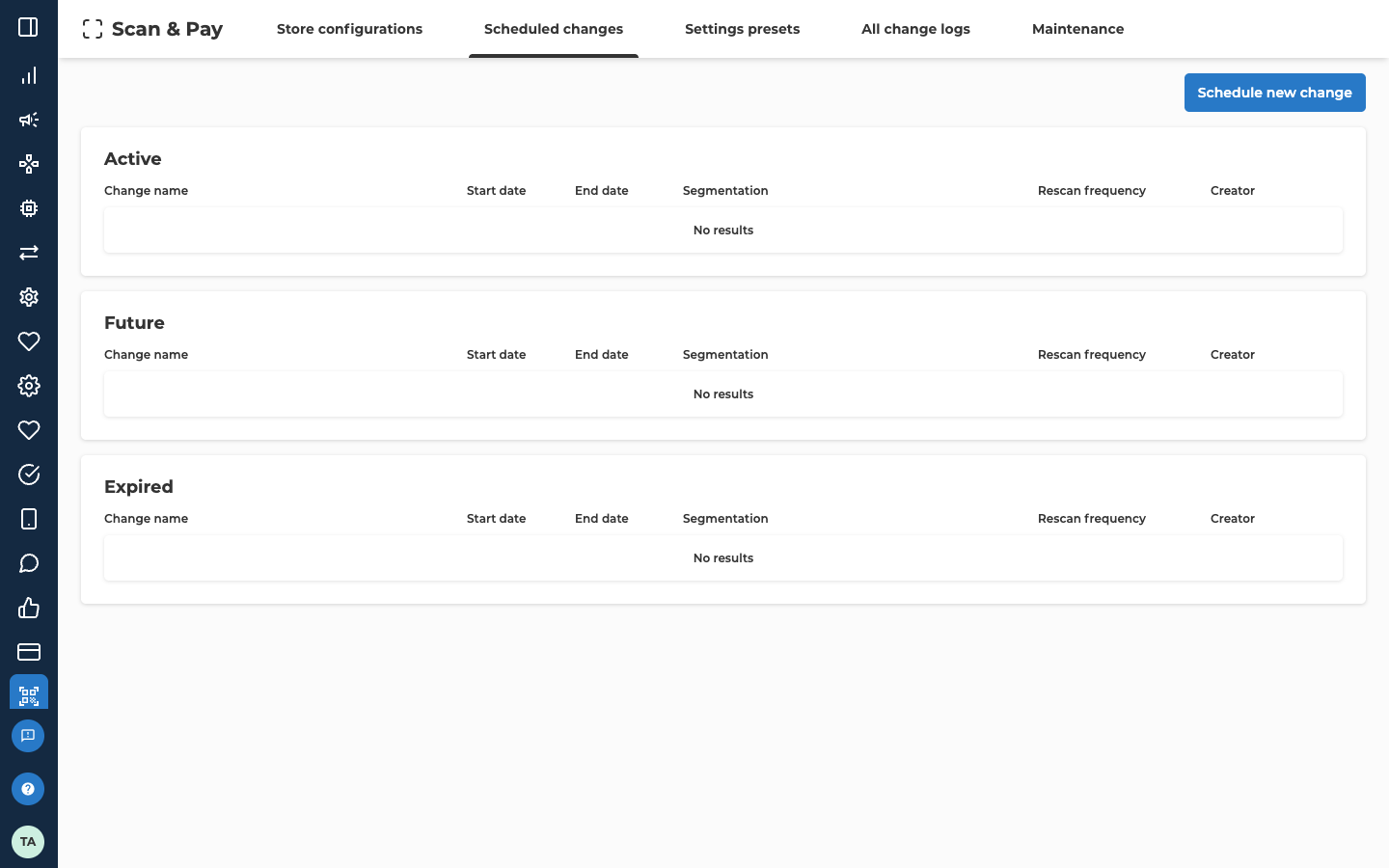 The Scheduled changes tab of the Scan & Pay screen, with Schedule new change at the top right. Three lists, Active, Future and Expired, each have the columns Change name, Start date, End date, Segmentation, Rescan frequency and Creator, and each reads No results.