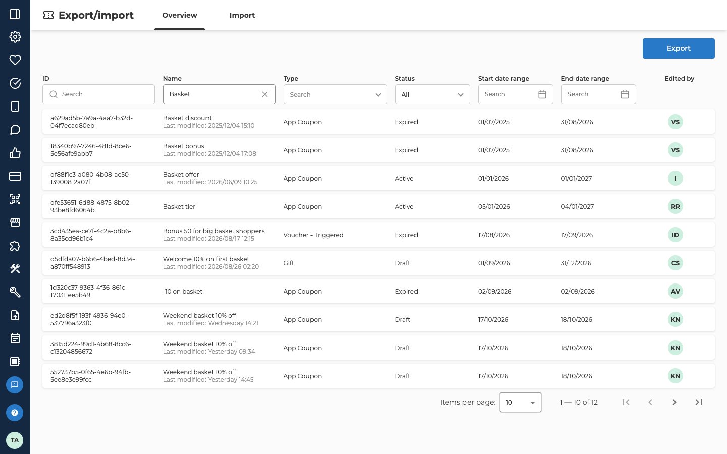 The Overview tab of the Offers import screen, headed Export/import, with Export at the top right. The filters are ID, Name, which holds Basket, Type, Status, set to All, Start date range and End date range, and the last column is Edited by. Ten test offers are listed with their ID, name, type, status, start and end dates and the initials of who edited them, for example Basket discount, App Coupon, Expired, 01/07/2025 to 31/08/2026, and Weekend basket 10% off, App Coupon, Draft, 17/10/2026 to 18/10/2026. Several names have a Last modified date under them. Items per page 10 and 1 — 10 of 12 are below the list.