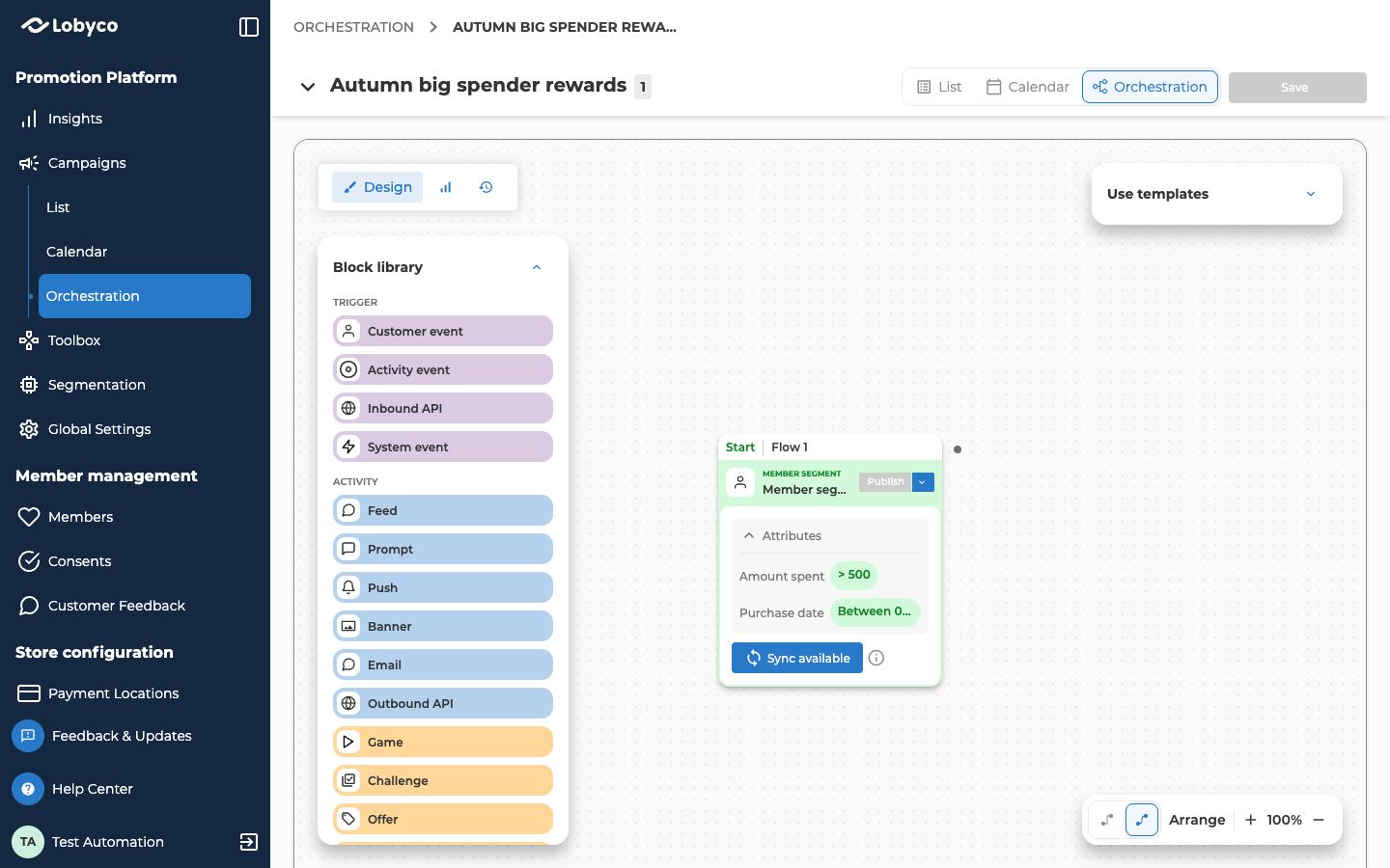 The orchestration canvas of a campaign named Autumn big spender rewards, in Design mode, with the Block library open on the left and Use templates collapsed on the right. In the middle is the starting block of Flow 1, a Member segment block linked to a saved segment. Its Attributes section is open on the block's own rules, Amount spent greater than 500 and Purchase date between 0 and 30 days ago, and below them is a blue Sync available button with an info icon.