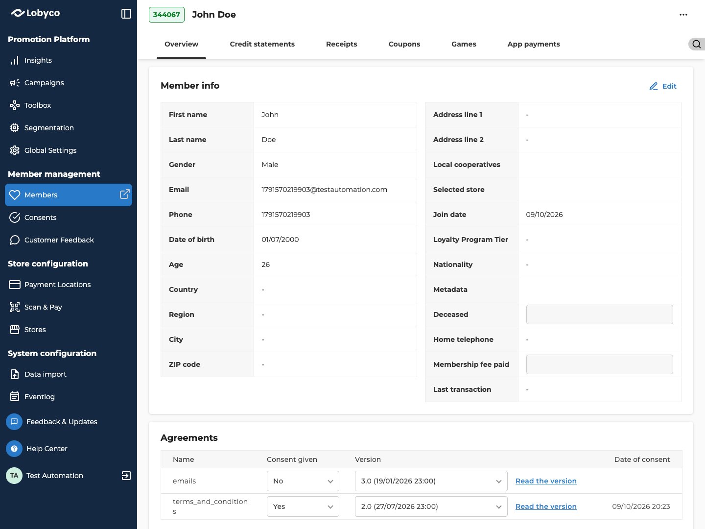 A customer's page on the Overview tab. At the top, the member ID 344067 in green and the name John Doe, with a … button on the right. Below them, the tabs Overview, Credit statements, Receipts, Coupons, Games and App payments, with Overview selected, and a magnifying glass at the far right. Member info lists first and last name, gender, email, phone, date of birth, age, country, region, city and ZIP code on the left, and address lines, local cooperatives, selected store, join date, loyalty program tier, nationality, metadata, deceased, home telephone, membership fee paid and last transaction on the right, with Edit at the top. Below, Agreements lists the consents emails, set to No, and terms_and_conditions, set to Yes, each with its version and a Read the version link.