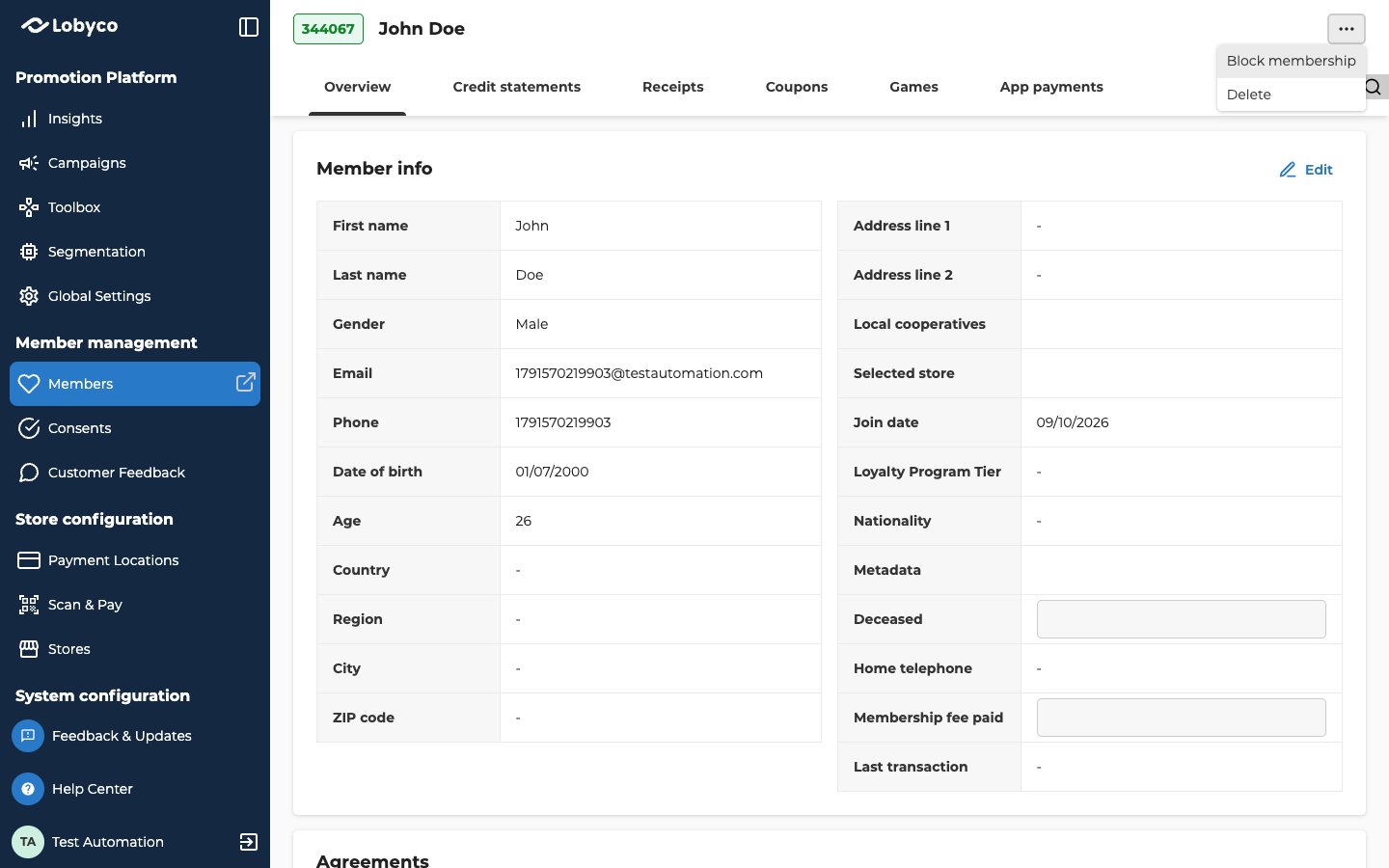 A customer's page, with the member ID 344067 and the name John Doe at the top left. At the top right, the … button is selected and its menu is open, with Block membership and Delete. The Overview tab with Member info is below.