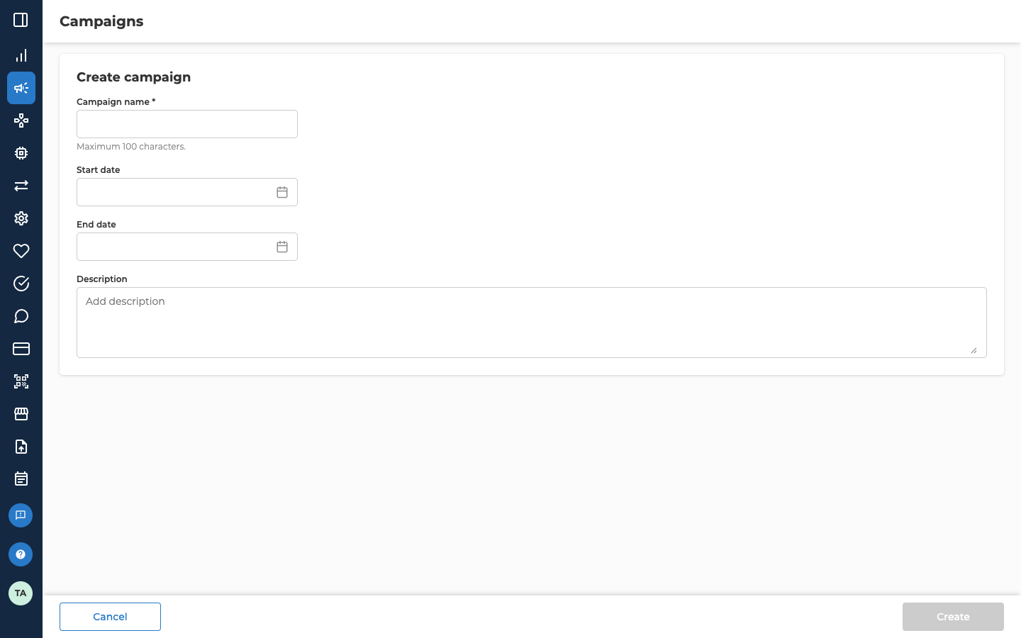 The Create campaign panel with all four fields empty, Campaign name starred, and Create greyed out