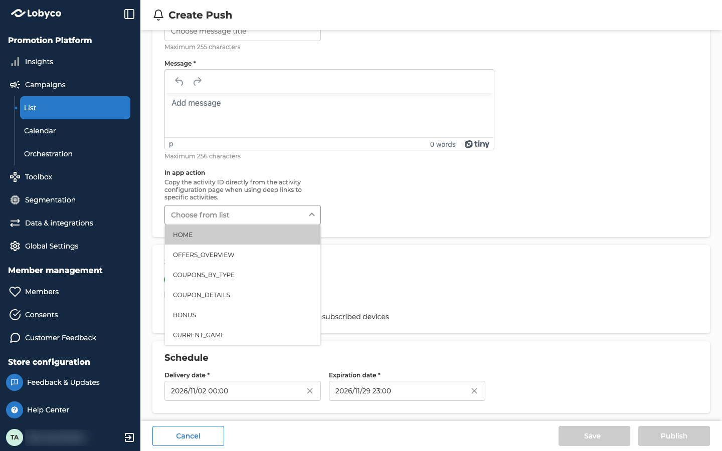 The Create Push form scrolled to In app action, with the Choose from list field open. The hint above it says to copy the activity ID from the activity's configuration page when linking to a specific activity. The open list starts with HOME, then OFFERS_OVERVIEW, COUPONS_BY_TYPE, COUPON_DETAILS, BONUS and CURRENT_GAME, and scrolls for more.