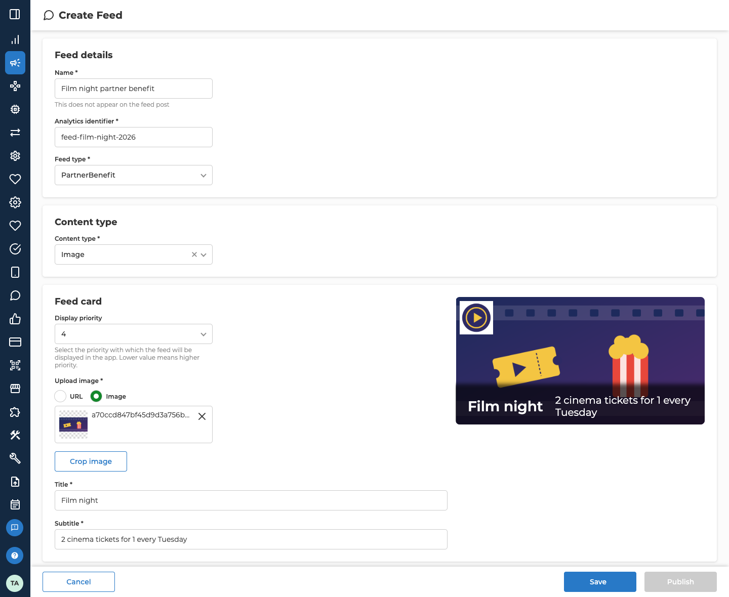 The Create Feed form with Feed type set to PartnerBenefit and Content type set to Image, and the side menu collapsed. Feed details shows Name Film night partner benefit and Analytics identifier feed-film-night-2026. In the Feed card section, Display priority is 4, Upload image has Image selected with the uploaded test picture, Title reads Film night and Subtitle reads 2 cinema tickets for 1 every Tuesday. The card preview on the right shows the picture of a cinema ticket and popcorn, the partner's logo in the top left corner, and the title and subtitle across the bottom of the picture.