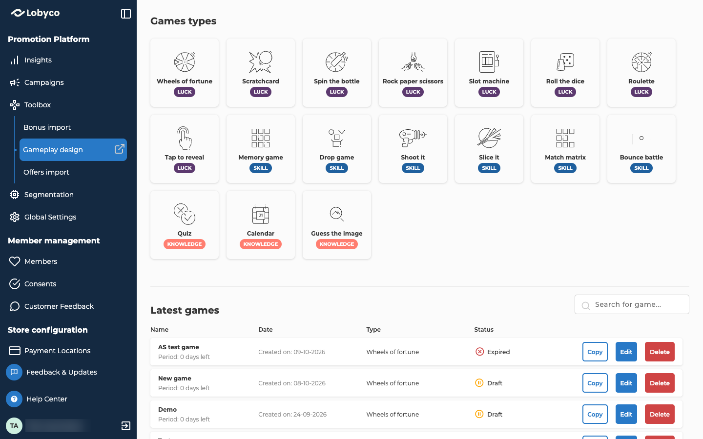The Gameplay design start page, with Toolbox open in the side menu and Gameplay design selected. Under the heading Games types are 17 cards, each with an icon, the type's name and a badge for its group. Wheels of fortune, Scratchcard, Spin the bottle, Rock paper scissors, Slot machine, Roll the dice, Roulette and Tap to reveal carry a purple LUCK badge. Memory game, Drop game, Shoot it, Slice it, Match matrix and Bounce battle carry a blue SKILL badge. Quiz, Calendar and Guess the image carry a coral KNOWLEDGE badge. Below the cards is the Latest games list, with a Search for game field and the columns Name, Date, Type and Status. Its first three rows are Wheels of fortune test gameplays, one Expired and two Draft, each showing the days left in its period, its creation date, and Copy, Edit and Delete buttons.