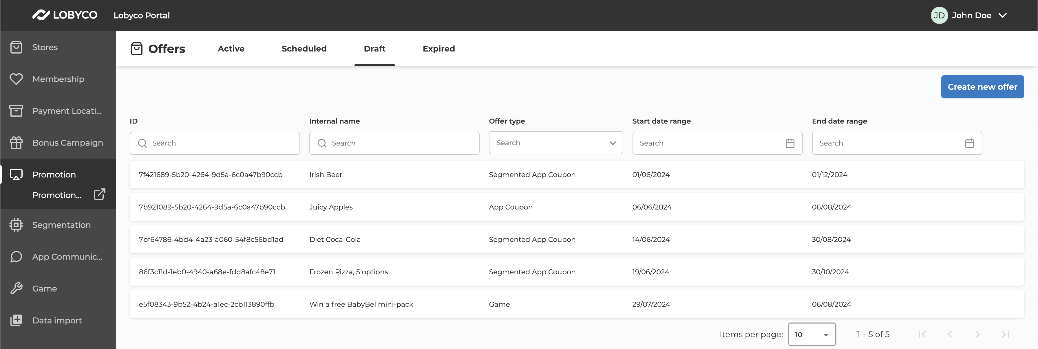 Screenshot from Lobyco Admin Portal - example of imported offers by API