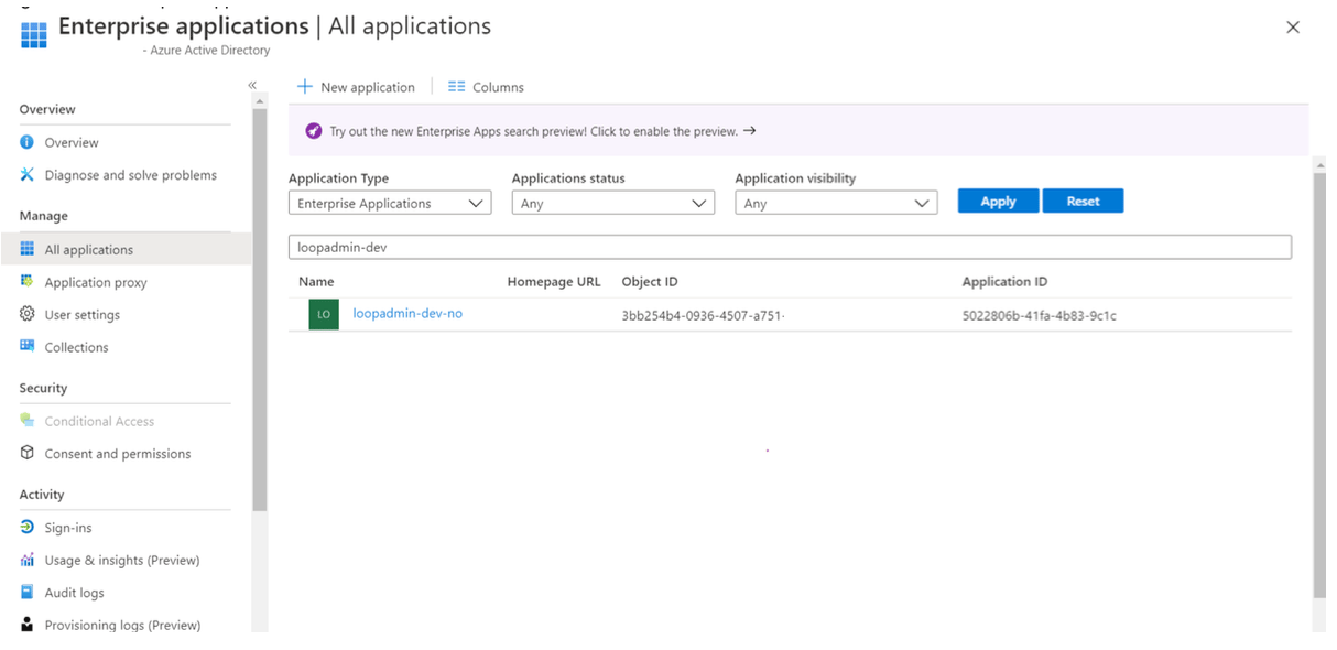 Screenshot from MS AAD Enterprise Applications