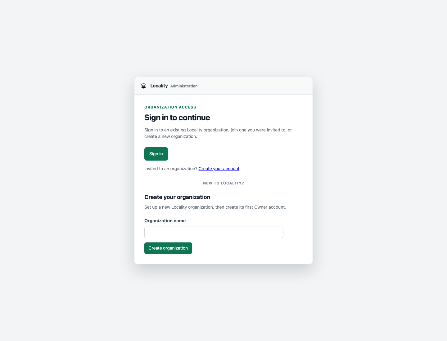Locality Cloud sign-in page with sign in, invited account, and create organization options
