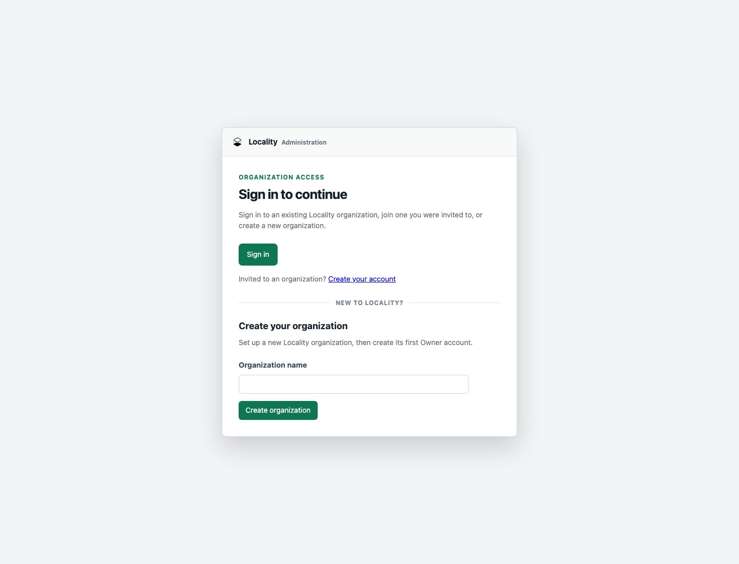 Locality Cloud sign-in page with sign in, invited account, and create organization options
