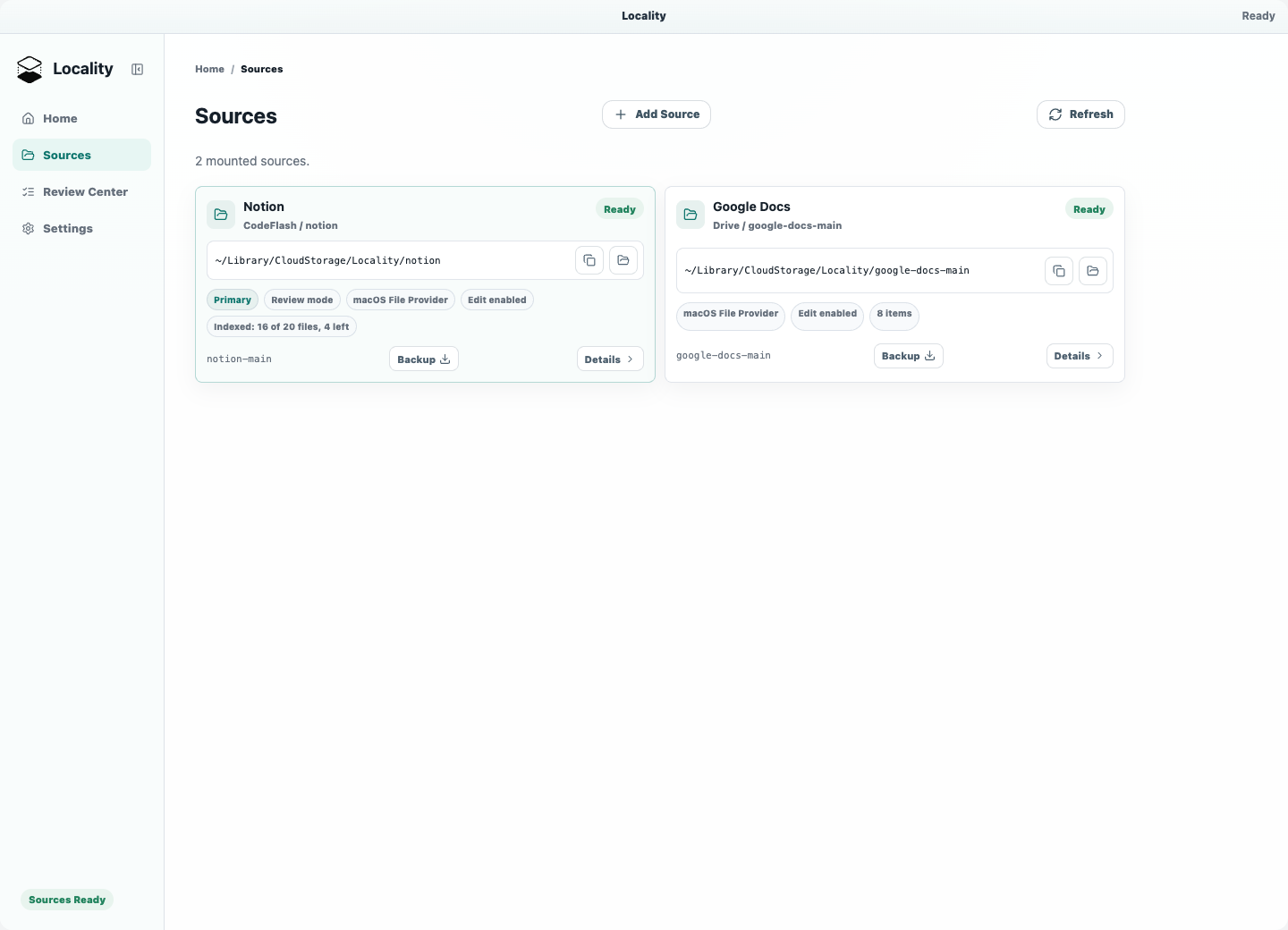 Locality Desktop Sources page with Notion and Google Docs mounted and ready