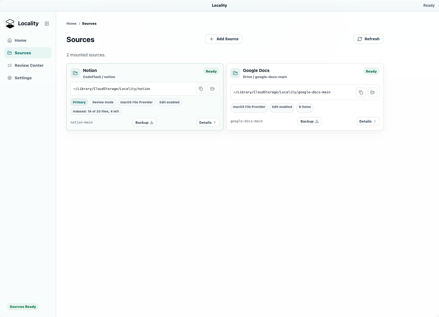 Locality Desktop Sources page with Notion and Google Docs mounted and ready
