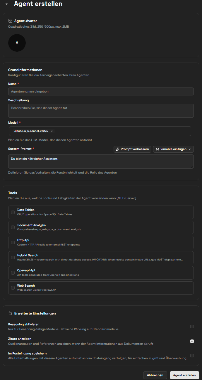 Formular zur Agent-Erstellung mit den Feldern Name, Beschreibung, Modell-Dropdown und System-Prompt-Editor