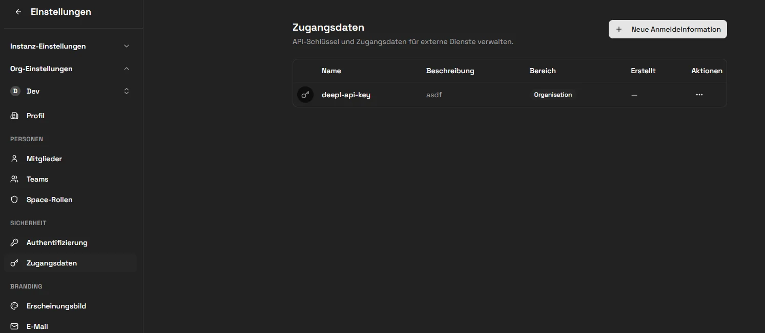 Org-Credential deepl-api-key für die Translation App anlegen