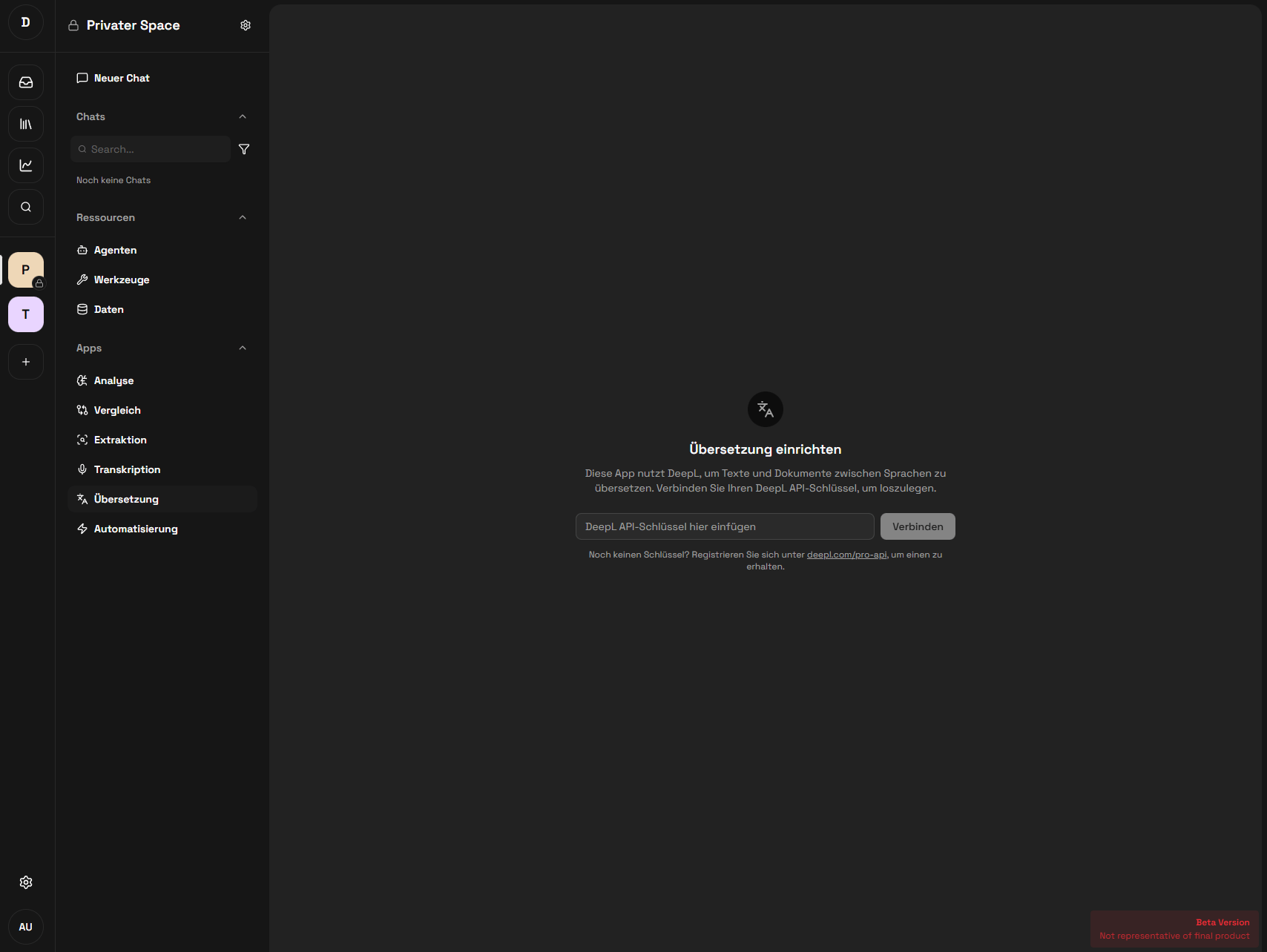 Translation App ohne konfigurierten DeepL-API-Key – Eingabeaufforderung