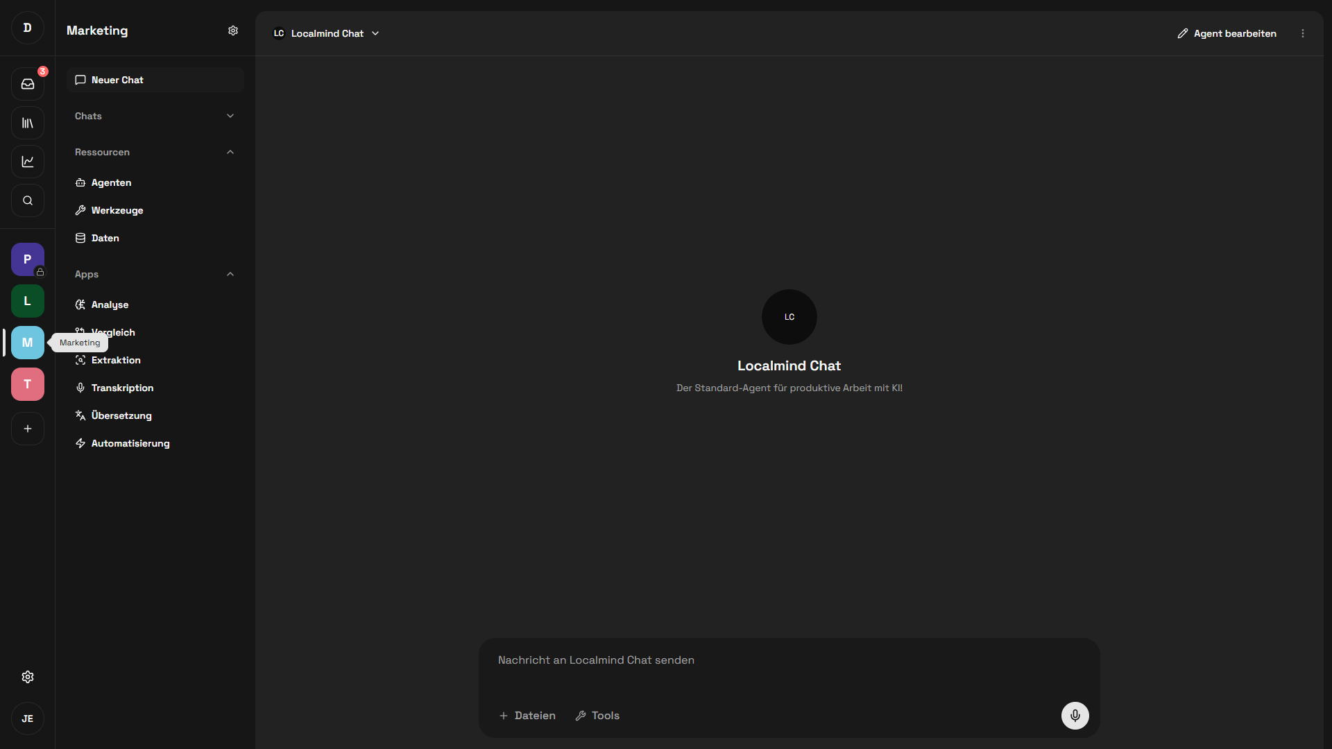Space-Übersicht mit linker Sidebar für Agenten, Daten, Apps und Werkzeuge sowie dem zentralen Content-Bereich