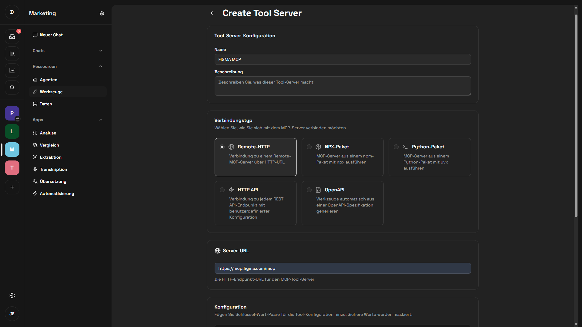Dialog zum Hinzufügen eines Werkzeugs mit Tabs für Remote-HTTP, NPX-Paket, Python-Paket, HTTP API und OpenAPI