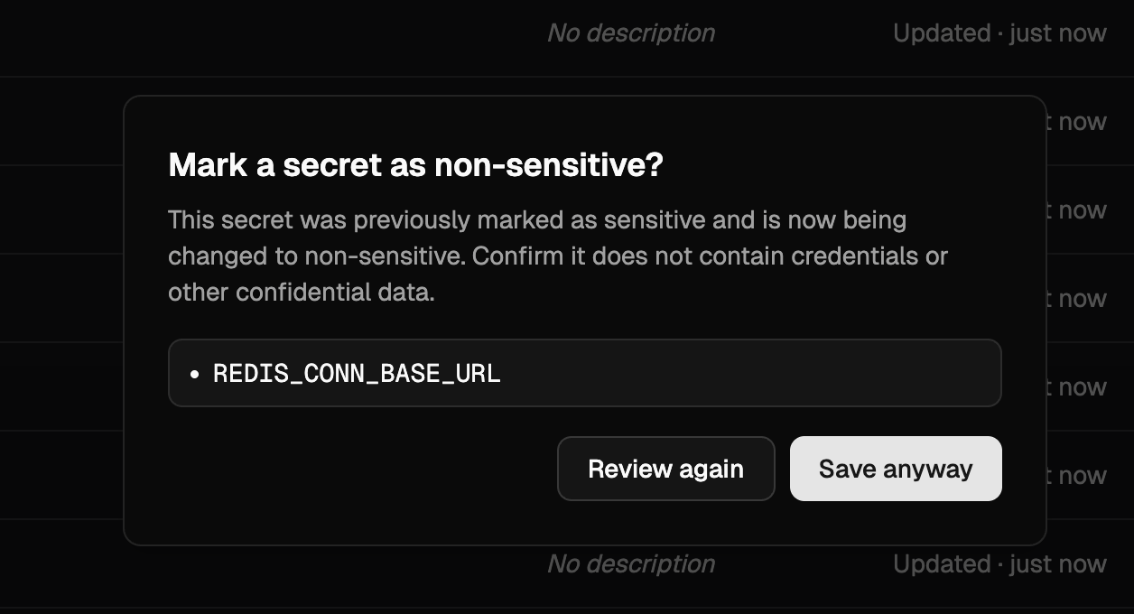 Mark a secret as non-sensitive confirmation dialog