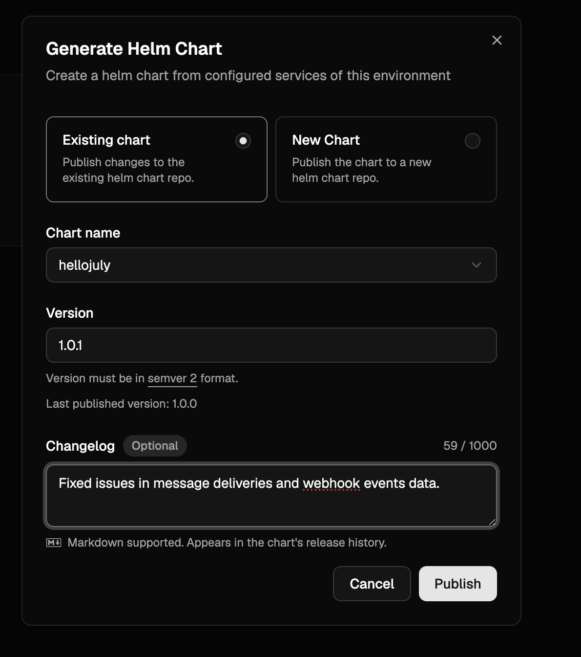 Add a changelog when publishing a Helm chart version