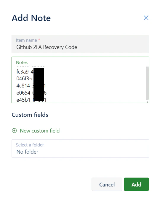 Save recovery code as a note