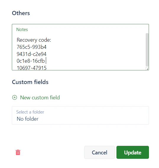Save recovery code in a password