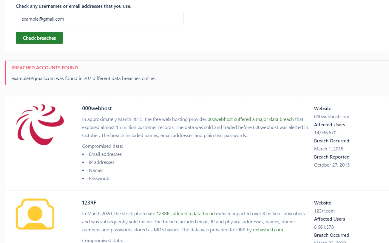 Data breach scan results on Web Vault