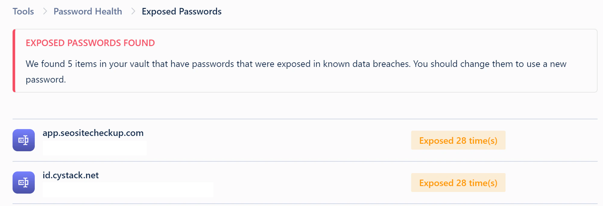 Exposed passwords on Web Vault