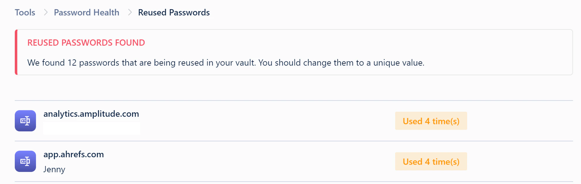 Reused passwords on Web Vault