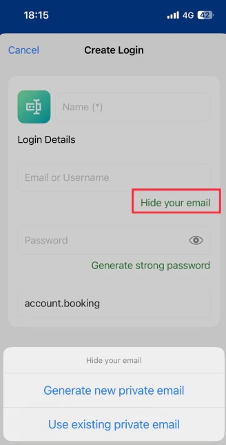 Select a private email on mobile devices