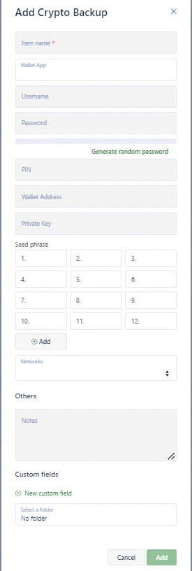 Add Crypto Backup form