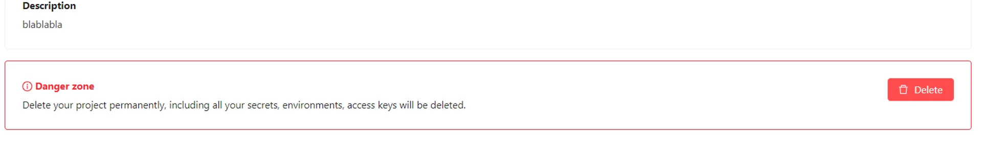 Project Info screen with Delete button