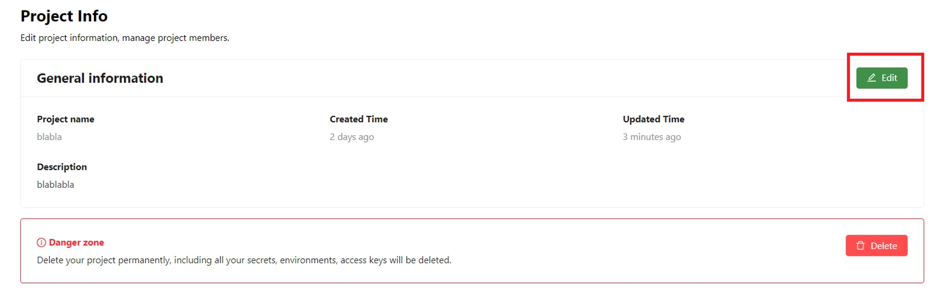 Project Info screen with Edit button