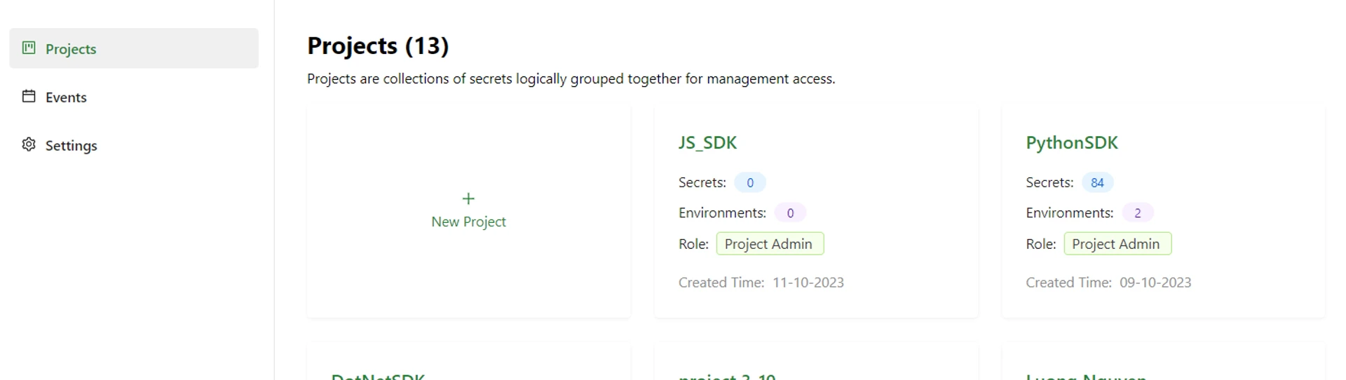 Project list screen after creation