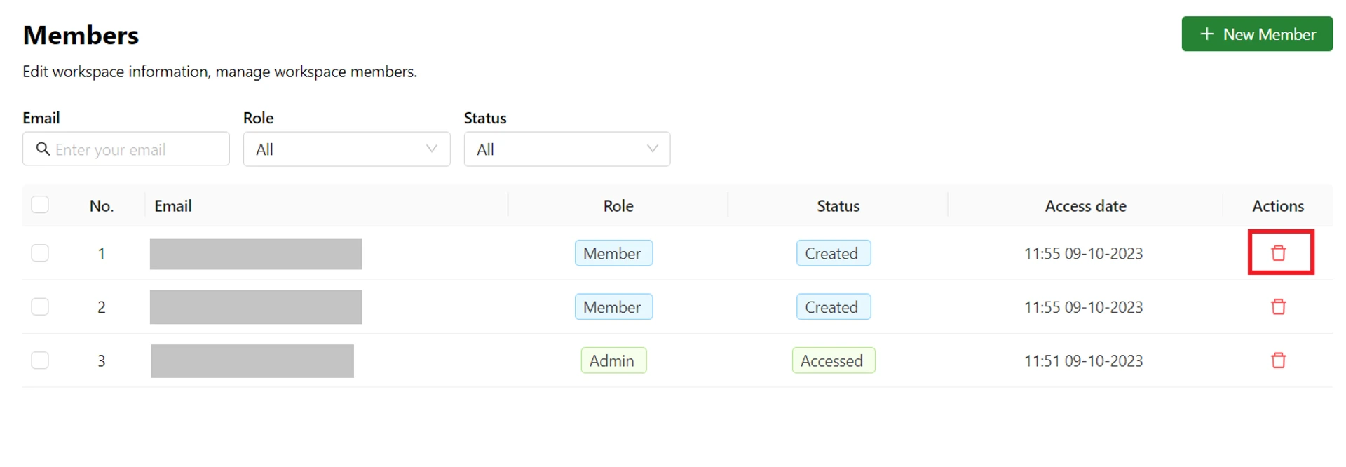 Members list with delete icon