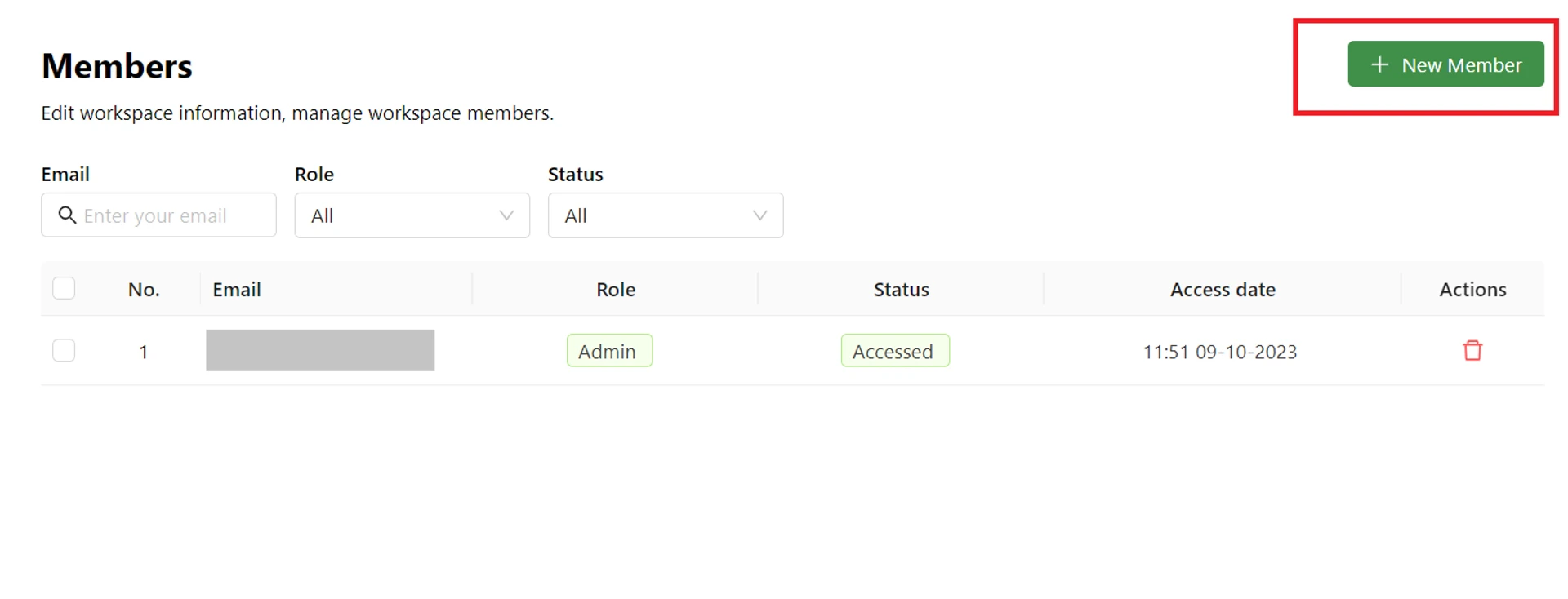 Members screen with New member button