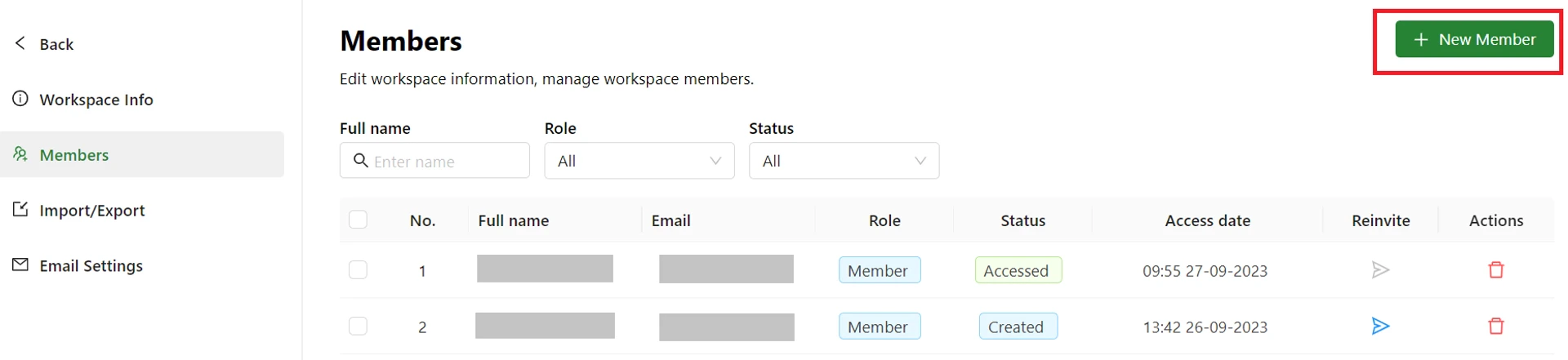 Members screen with New member button