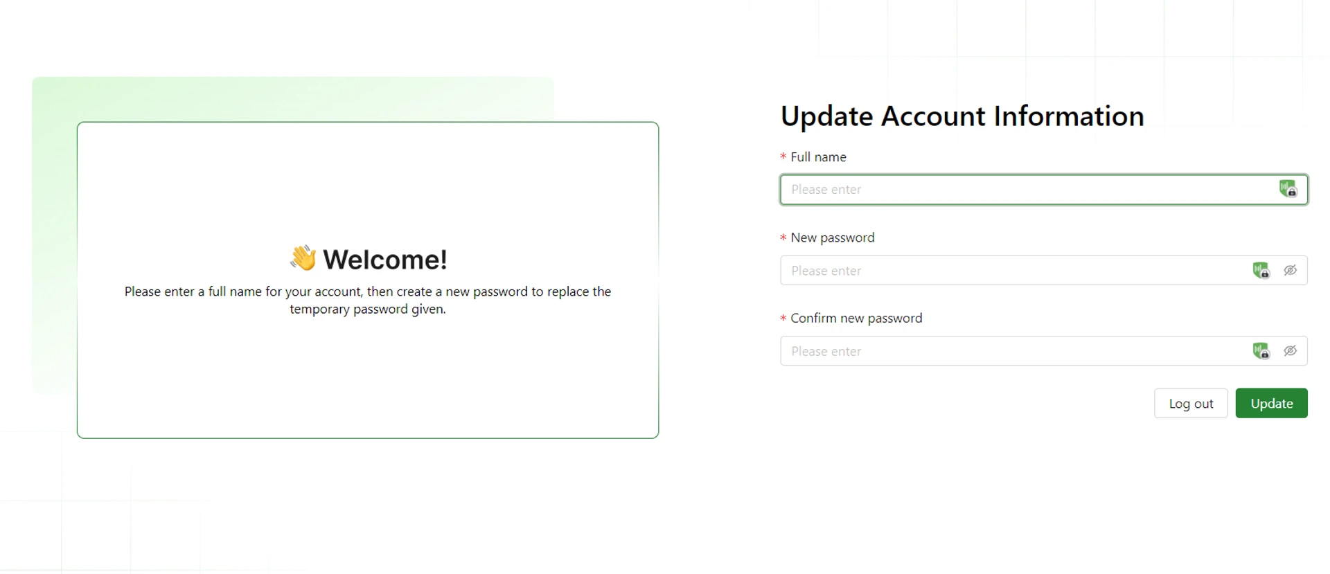 Account setup screen after login