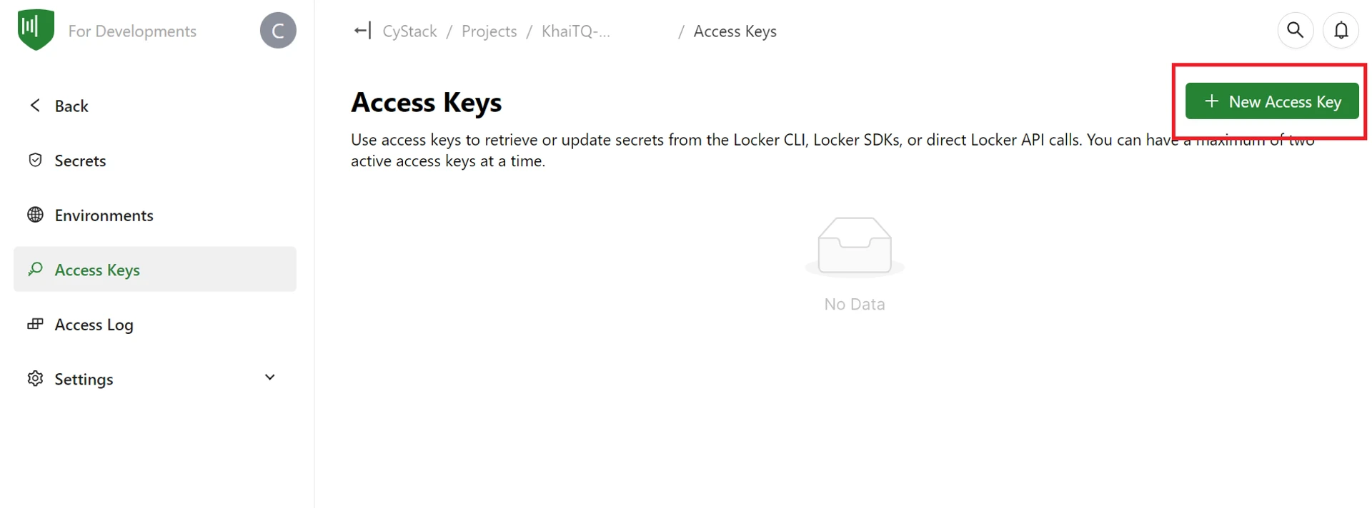 Access Keys screen with the New Access Key button