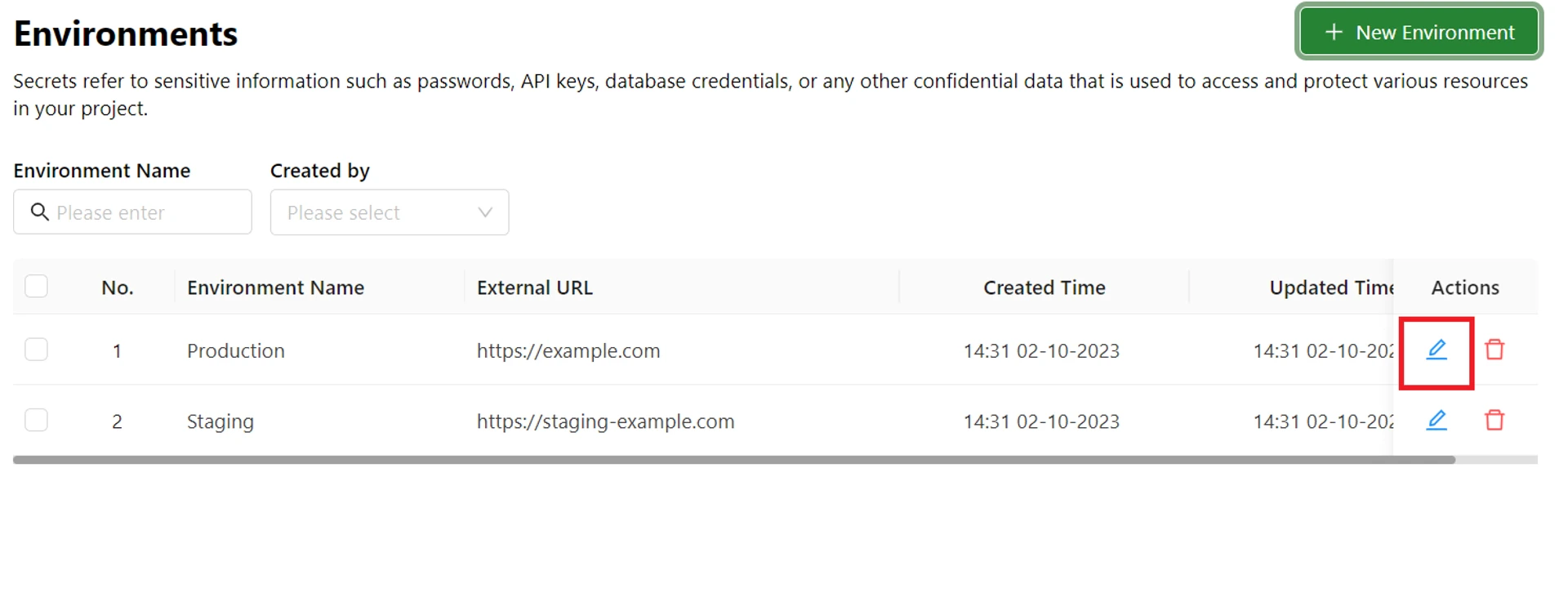 Environments list with the edit icon