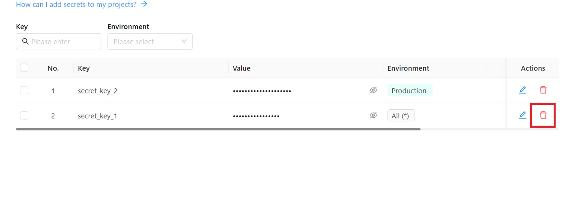 Secrets list with the delete icon