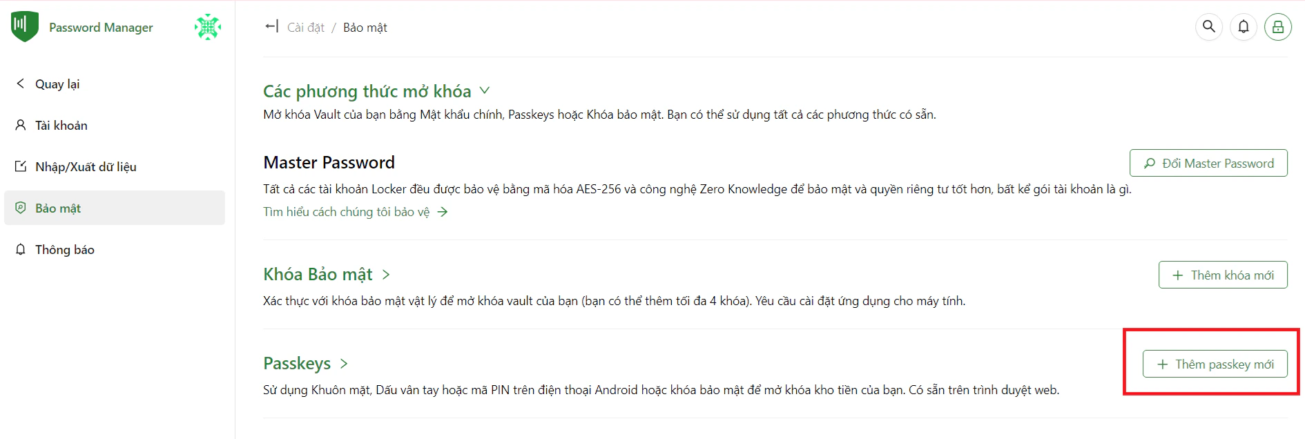 Thêm passkey mới cho vault
