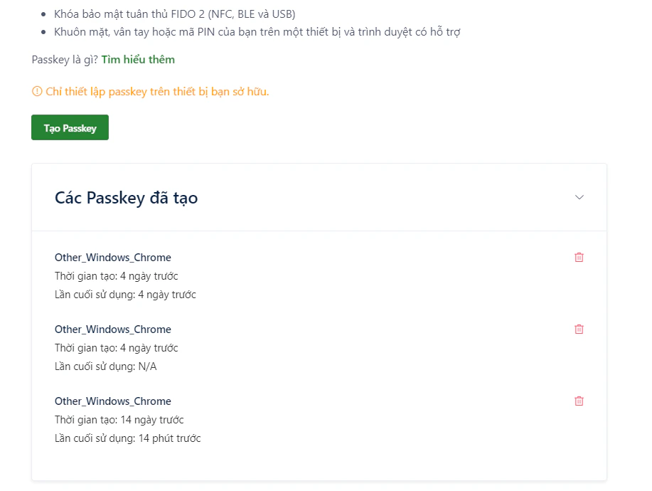 Danh sách passkey