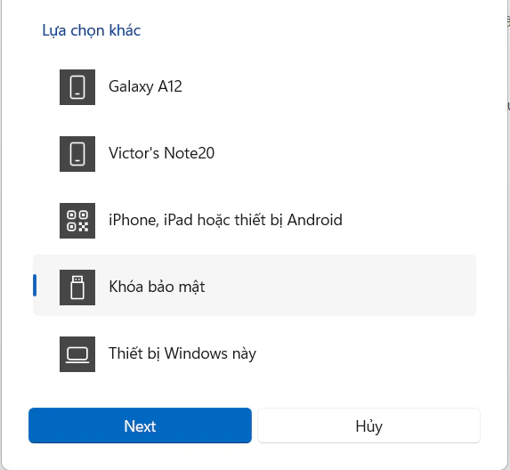 Chọn khóa bảo mật