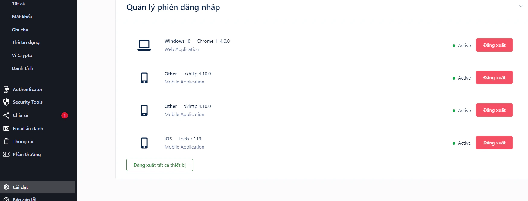 Danh sách quản lý phiên đăng nhập