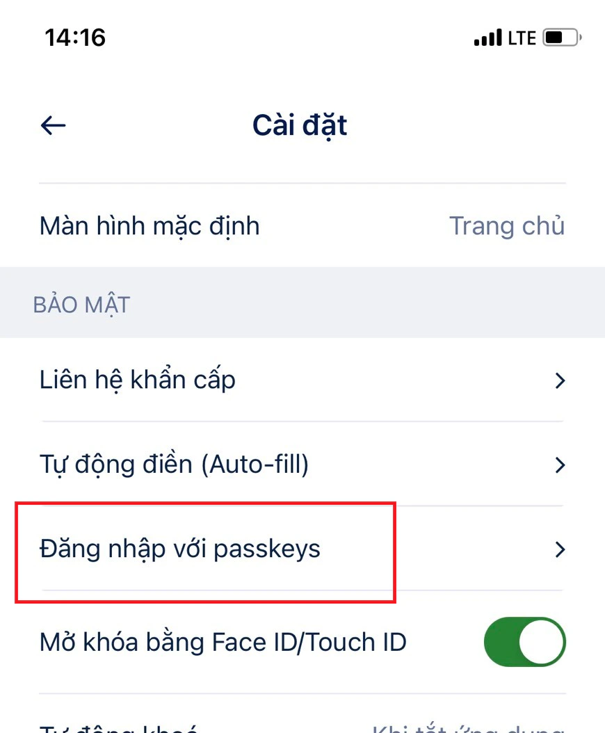 Chọn thiết lập Passkey trên Mobile