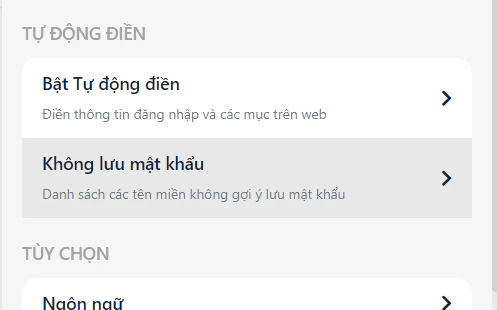 Cài đặt Không lưu mật khẩu