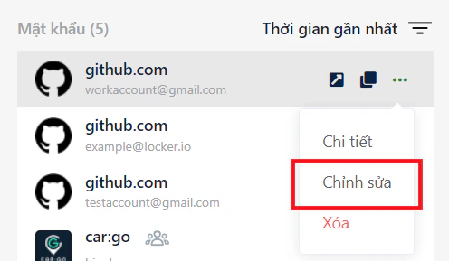 Menu chỉnh sửa tài khoản