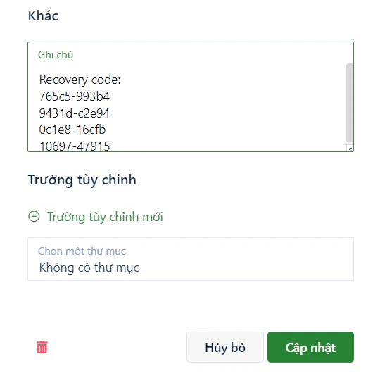 Lưu mã khôi phục vào mật khẩu