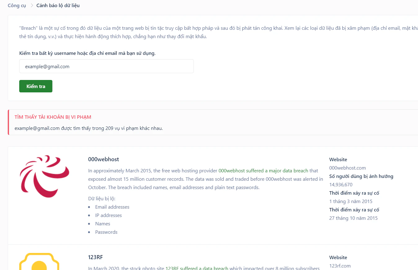 Kết quả quét vi phạm dữ liệu trên Web Vault