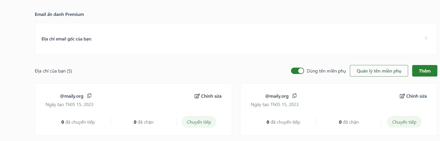 Giao diện Email ẩn danh Premium trên Web Vault